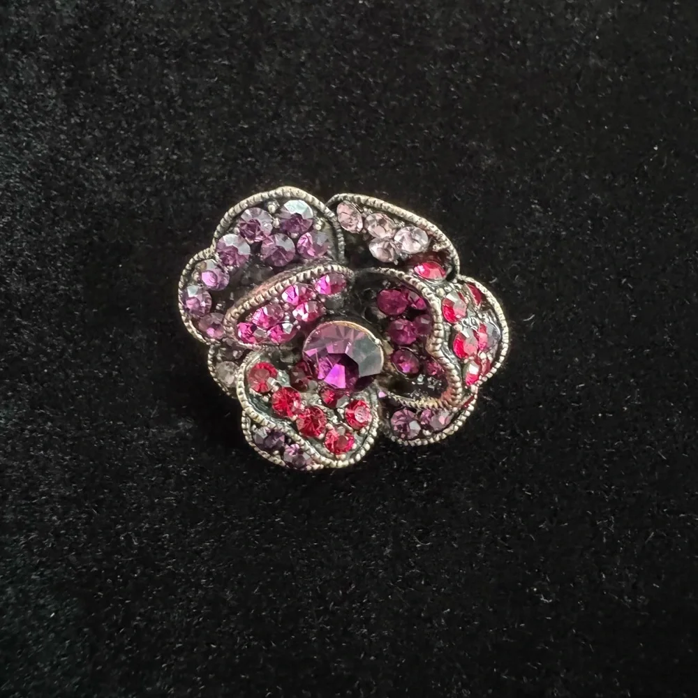 Vintage Bronze Floral Pink, Red and Purple Rose Pin Metal Antique Silver Brooch